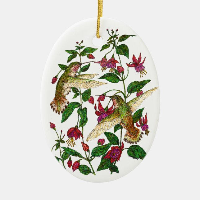 Ornamento De Cerâmica Hummingbird e Fuschia de Allan (Frente)