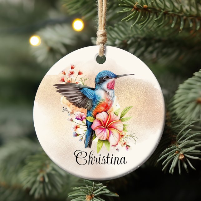 Ornamento De Cerâmica Hummingbird Elegante Personalizado (Personalized Elegant Watercolor Hummingbird Ceramic Ornament)