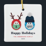 Ornamento De Cerâmica Humorous Masked Christmas and Hanukkah Custom<br><div class="desc">Add some humor to your tree or someone you love with this funny Christmas and Hanukkah themed ornament. The design features a masked reindeer and person wearing a Star of David print winter hat and an "oy!" mask. What could be more perfect for the holidays in 2020.</div>