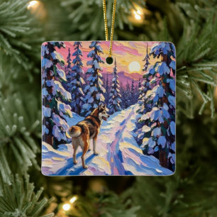 Ornamento De Cerâmica Husky Antigo na Trilha Florestal de Natal Nevada