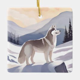 Ornamento De Cerâmica Husky do Alasca | Aquarela Montanha Canina
