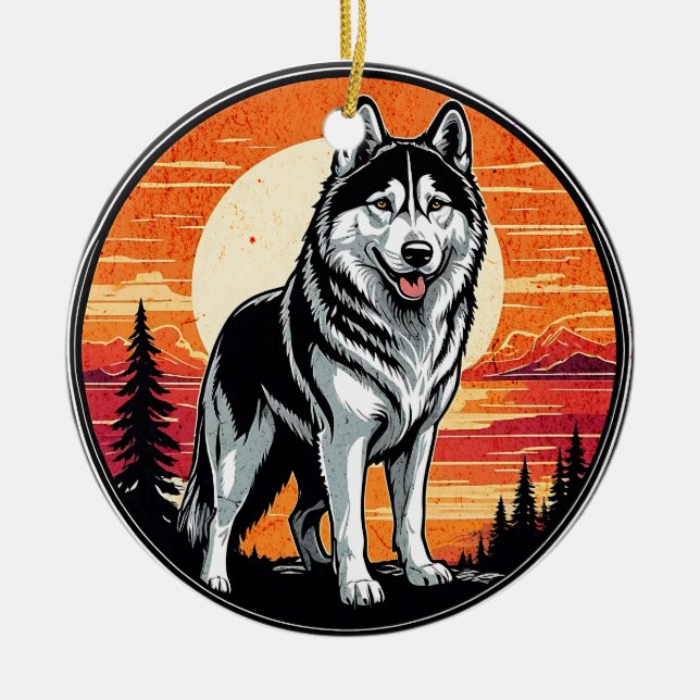 Ornamento De Cerâmica Husky Retro Sunset Dog Lover (Frente)