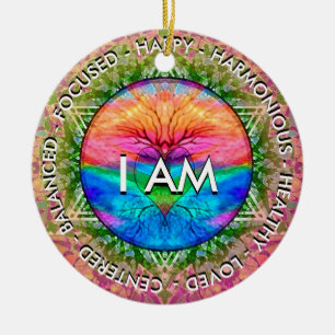 Ornamento De Cerâmica I AM Inspirational Message Rainbow Heart Tree