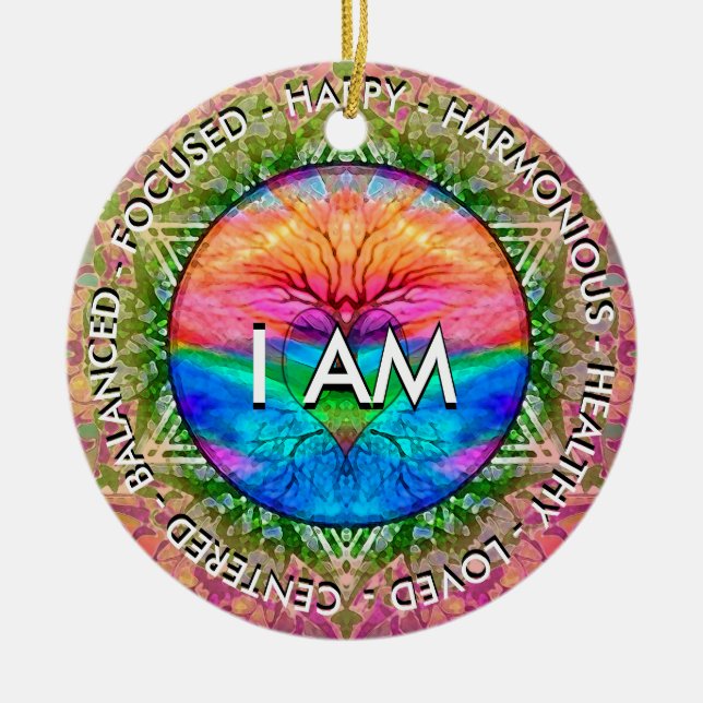 Ornamento De Cerâmica I AM Inspirational Message Rainbow Heart Tree (Frente)