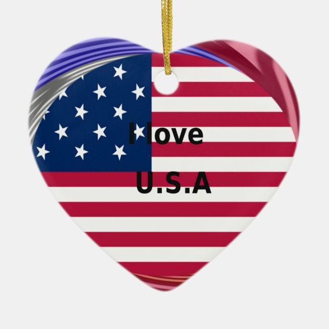 Ornamento De Cerâmica I Love U.S.A Swirl: Patriotic Heart Art Impressão (Frente)
