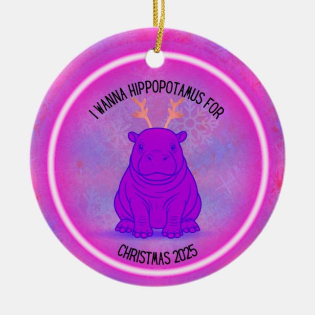 Ornamento De Cerâmica I Wanna Hippopotamus for Christmas - Purple (Frente)
