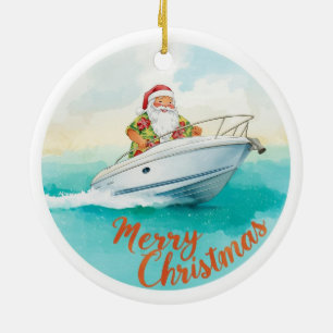 Ornamento De Cerâmica Iate Feliz Natal Papai Noel Navegando em um Iate