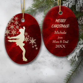 Ornamento De Cerâmica Ice Skating Gold Snowflakes on Red