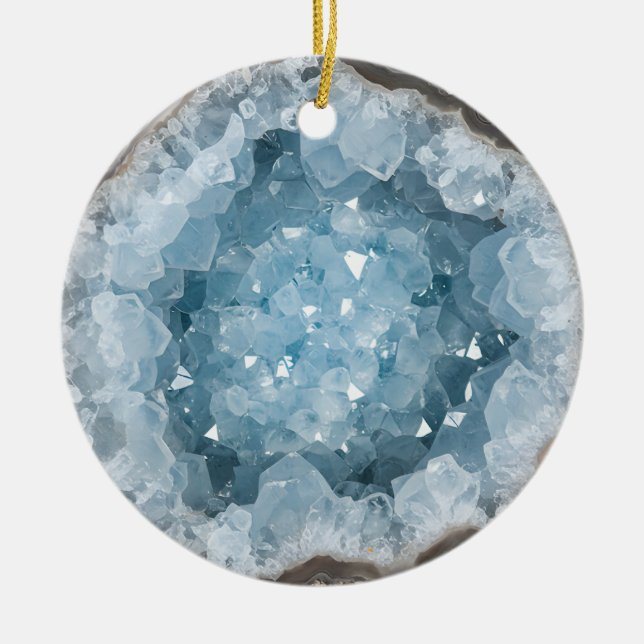 Ornamento De Cerâmica Icy Pale Blue Celestite Crystal Geode Printed  (Frente)