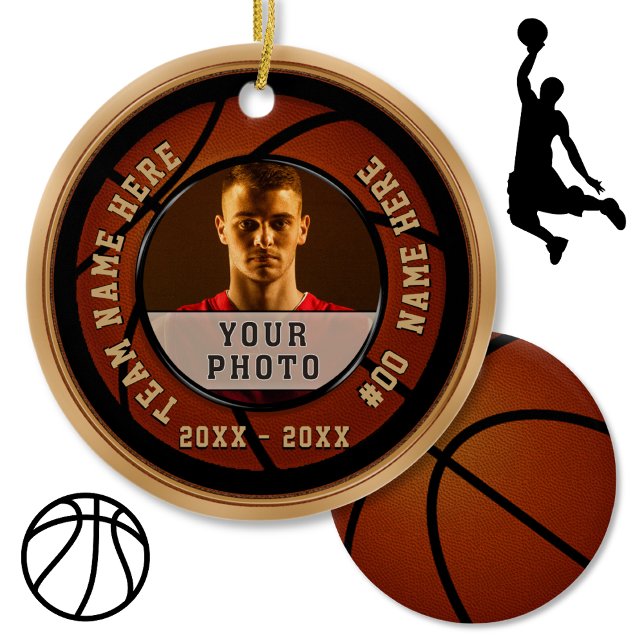 Ornamento De Cerâmica Ideias de presentes de basquete baratas, sua FOTO  (Gift ideas for basketball seniors. Basketball Christmas Ornaments. Basketball Team Gift Ideas. )