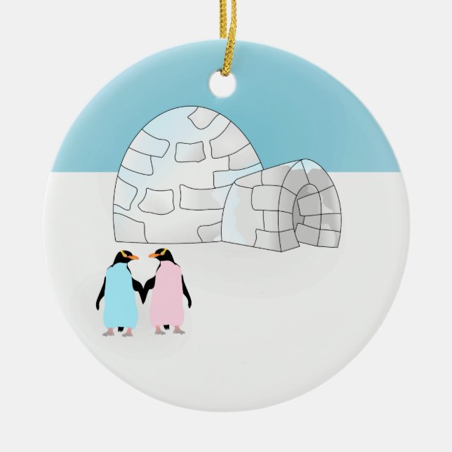 Ornamento De Cerâmica Igloo com pinguins coloridos (Frente)