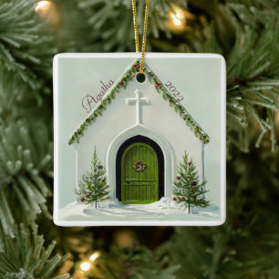 Ornamento De Cerâmica Igreja Vintage Coberta de Neve no Natal