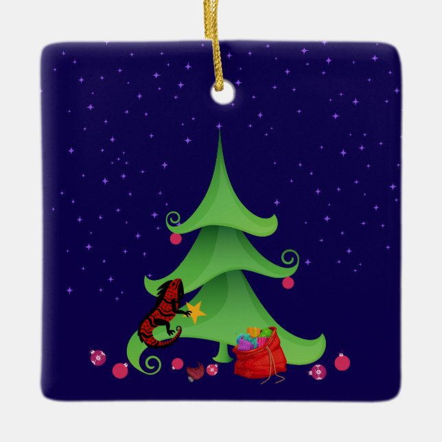 Ornamento De Cerâmica Iguana Whimsical Oh Árvore de Natal (Frente)