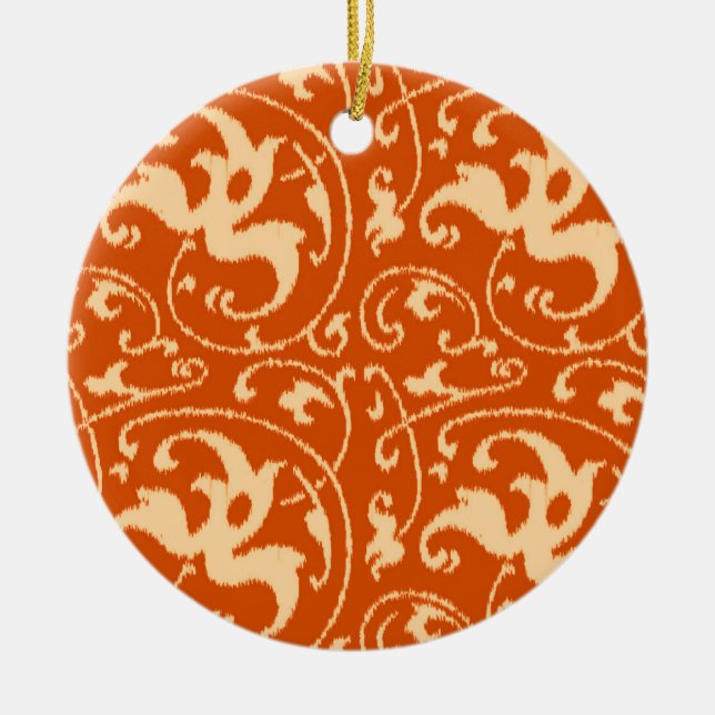 Ornamento De Cerâmica Ikat Floral Damask - Mandarin Orange (Frente)