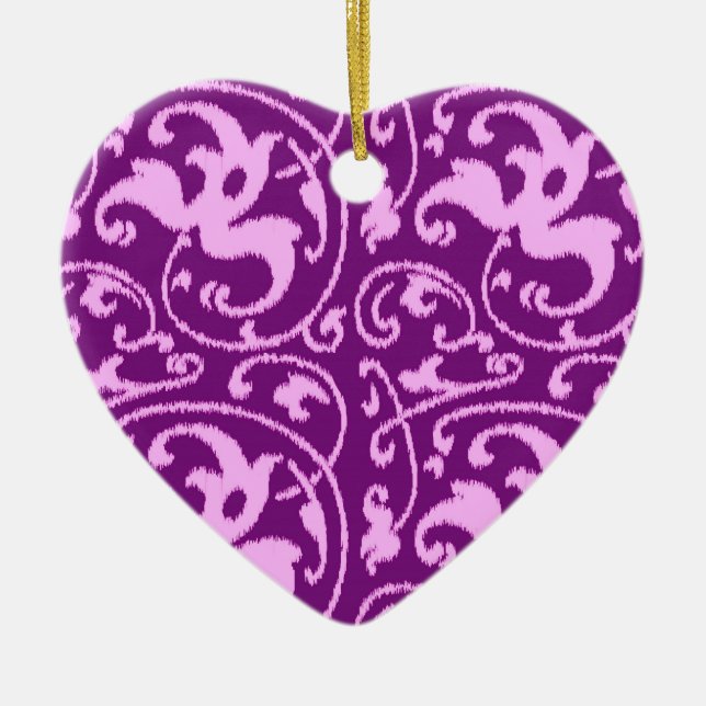 Ornamento De Cerâmica Ikat Floral Damask - Orquídea e Roxo (Frente)