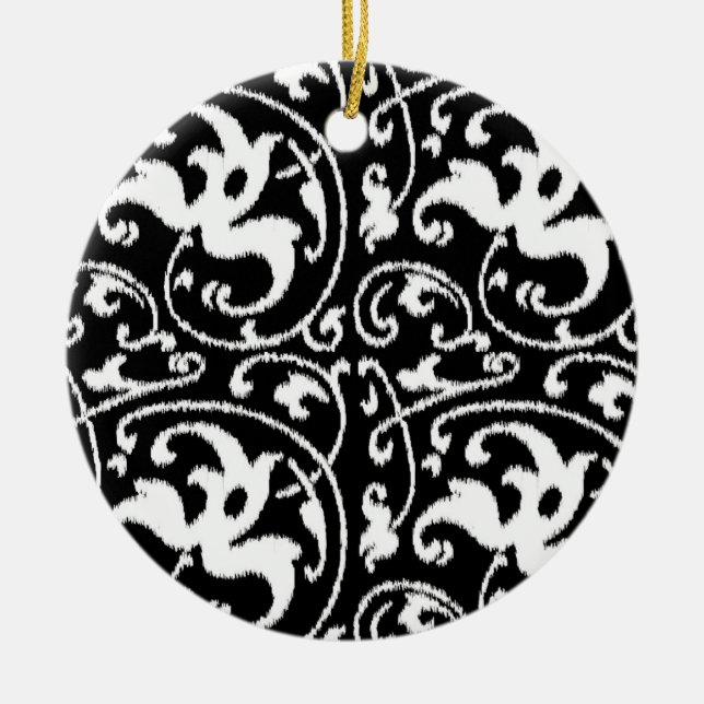 Ornamento De Cerâmica Ikat Floral Damask - Preto e Branco (Frente)