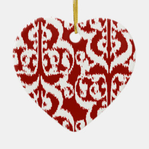 Ornamento De Cerâmica Ikat Moorish Damask - vermelho-escuro e branco