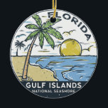 Ornamento De Cerâmica Ilhas do Golfo Nacional Seashore Flórida Vintage<br><div class="desc">Ilustração desenhada à mão na costa das Ilhas do Golfo com palmeiras e ondas ao fundo. Perfeito para quem ama visitar a costa nacional das ilhas do Golfo.</div>