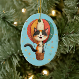 Ornamento De Cerâmica Ilustração alegre da Aventura Calico Cat Sky