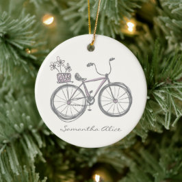 Ornamento De Cerâmica Ilustração Caprichosa de Bicicleta Lilás Cinza Per