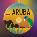Ornamento De Cerâmica Ilustração colorida do Caribe Aruba<br><div class="desc">Ilustração colorida brilhante de Aruba com praia rochosa,  sol,  plantas soltas,  periquito garganta-marrom e a estrela de quatro pontas da bandeira de Aruba. O nome está em uma fonte vintage deco. Celebrar memórias do seu viagem de férias na ilha ou cruzeiro de Caribe.</div>