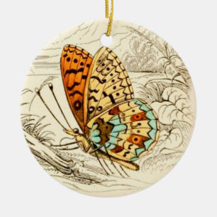 Ornamento De Cerâmica Ilustração da Borboleta Vintage, Laranja e bege