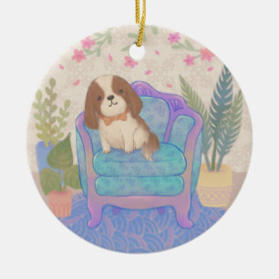 Ornamento De Cerâmica Ilustração de Cachorrinho Fofo em Poltrona Vintage