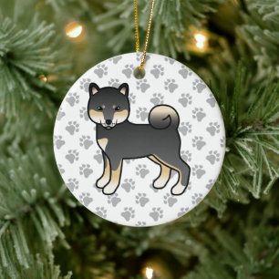Ornamento De Cerâmica Ilustração De Cão De Cartoon Shiba Inu Preto E