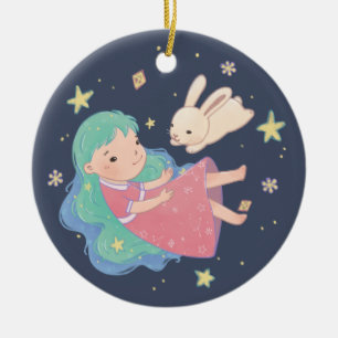 Ornamento De Cerâmica Ilustração de Coelhinho e Rapariga da Noite Estrel