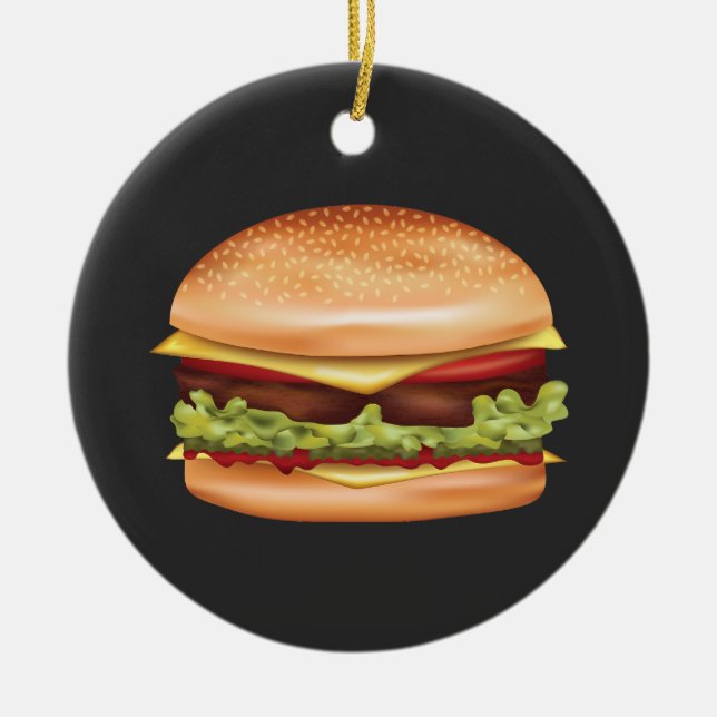 Ornamento De Cerâmica Ilustração de Comida Rápida do Hamburger com Texto (Frente)