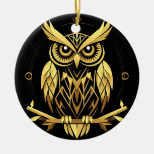 Ornamento De Cerâmica Ilustração de Coruja Geométrica Dourada