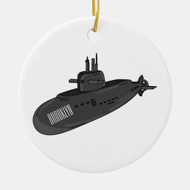 Ornamento De Cerâmica Ilustração de desenho animado submarino (Frente)