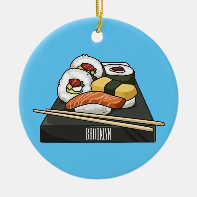 Ornamento De Cerâmica Ilustração de desenho animado Sushi (Frente)