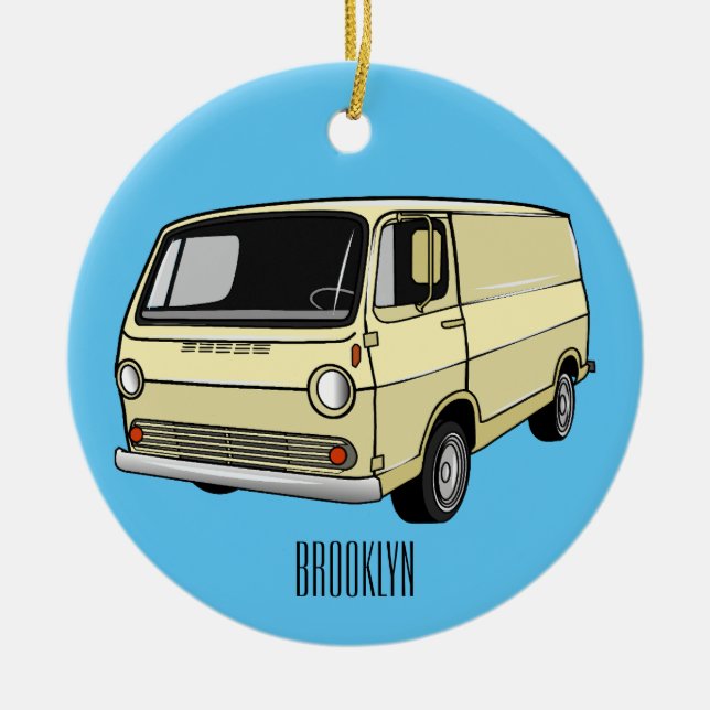 Ornamento De Cerâmica Ilustração de desenho da van clássica (Frente)