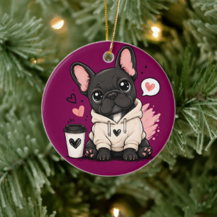 Ornamento De Cerâmica Ilustração de French Bulldog com Capuz Fofo
