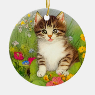 Ornamento De Cerâmica Ilustração de Gato de Sorriso de Vintage