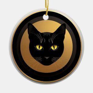 Ornamento De Cerâmica Ilustração de Gato Preto em Círculo Dourado