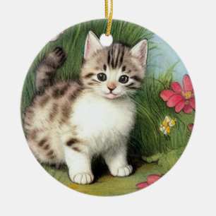 Ornamento De Cerâmica Ilustração de Gato Vintage com Flores Vermelhas