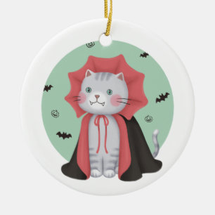 Ornamento De Cerâmica Ilustração de Halloween: Gato de Vampiro