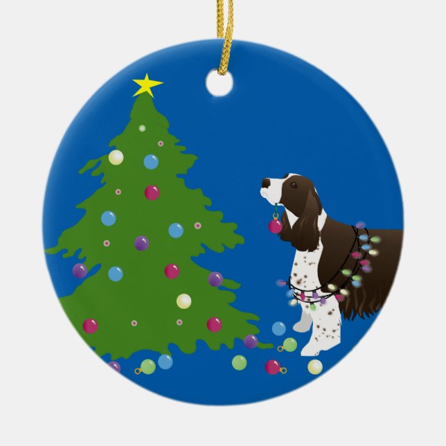 Ornamento De Cerâmica Ilustração de Natal de Brown Springer Spaniel (Frente)