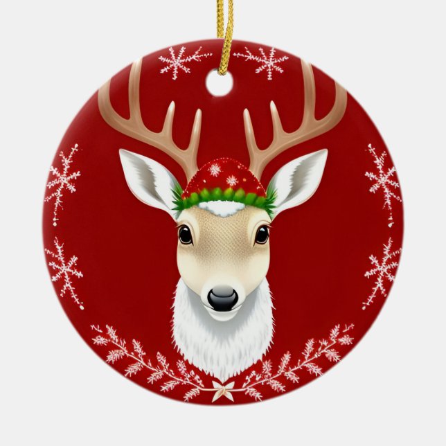 Ornamento De Cerâmica Ilustração de Reinador Festivo com Fundo Vermelho (Frente)