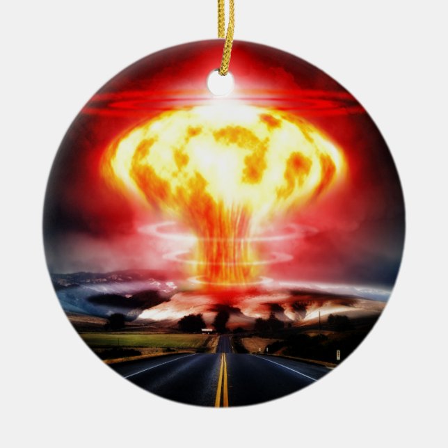 Ornamento De Cerâmica Ilustração do cogumelo atómico da explosão nuclear (Frente)