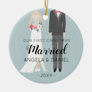 Ornamento De Cerâmica Ilustração do Natal dos noivos primeira