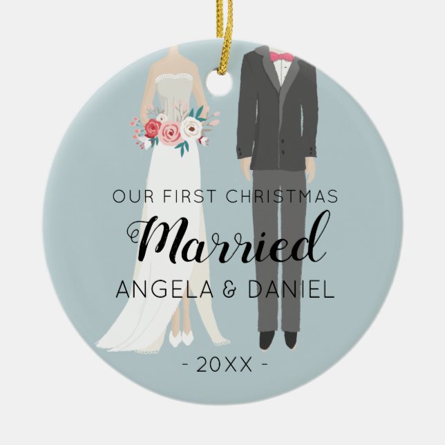 Ornamento De Cerâmica Ilustração do Natal dos noivos primeira (Frente)