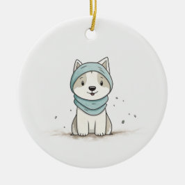Ornamento De Cerâmica Ilustração do Rouco Cozy - Puppy Adorável em Scarf