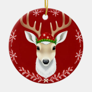 Ornamento De Cerâmica Ilustração Festiva de Rena com Fundo Vermelho