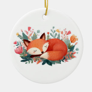 Ornamento De Cerâmica Ilustração Fofa da Raposa Adormecida Floral