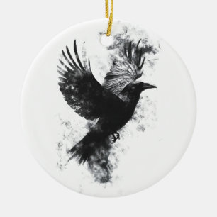 Ornamento De Cerâmica Ilustração Gótica Raven: Fumaça e Penas