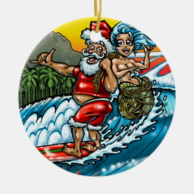 Ornamento De Cerâmica Ilustração surfando havaiana do papai noel do (Frente)