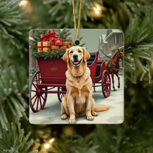 Ornamento De Cerâmica Ilustração Vintage do Carriage de Natal com Golden